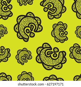 Seamless pattern. Black doodle elements on yellow green background. Ornaments for web, wrapping paper, print, fabric, textile design. Vector illustration. Bright texture. Abstract backdrop.Aztec style