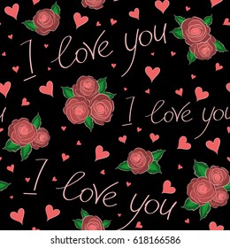 Seamless doodle elements in pink colors. Valentine colorful hearts seamless pattern vector illustration over a black background.