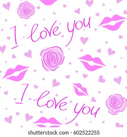 Seamless doodle elements in pink and magenta colors. Valentine colorful hearts seamless pattern vector illustration over a white background.