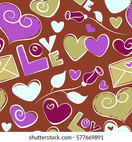 Seamless doodle elements. Valentine colorful hearts seamless pattern vector illustration over a brown background.