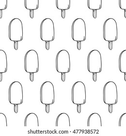 Seamless doodle eskimo pie black and white pattern, hand-drawn ice-cream monochrome background, ice-cream vector, for cards, invitations, food design, EPS 8