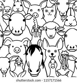 seamless doodle farm animals faces line art background