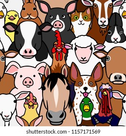 seamless doodle farm animals faces background