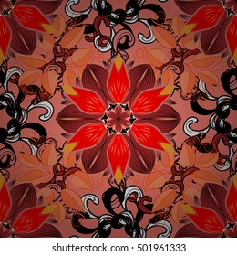 Seamless doodle floral pattern. Background with doodles flower on red and pink background.