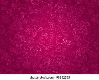 Seamless doodle floral pattern. Background with flower and butterflies on pink backdrop. EPS8