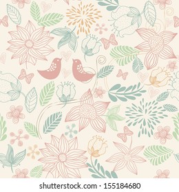 seamless doodle floral pattern with birds