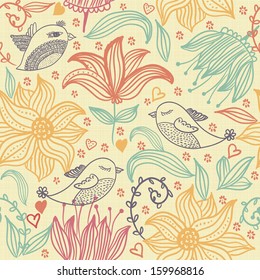 seamless doodle floral pattern with birds 