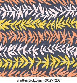 Seamless doodle floral pattern. Endless wave branch with leaves. Vector seamless natural background.