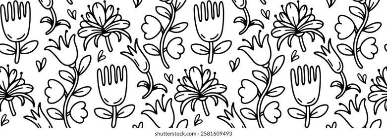 Seamless doodle floral pattern featuring whimsical flowers and leaves in black and white. Perfect for coloring books, wallpaper, textiles, or digital backgrounds. Vector outline illustration.