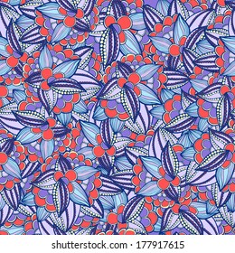 seamless doodle, floral pattern of leaves and flowers lilac and coral colors