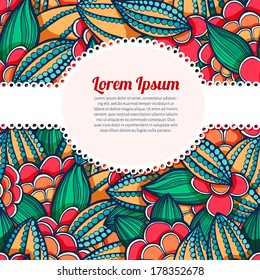seamless doodle, floral pattern of leaves and flowers green and orange colors, with lace frame for photos or text