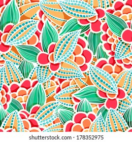 seamless doodle, floral pattern of leaves and flowers green, orange and white colors