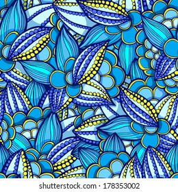 seamless doodle, floral pattern of leaves and flowers blue and yellow colors