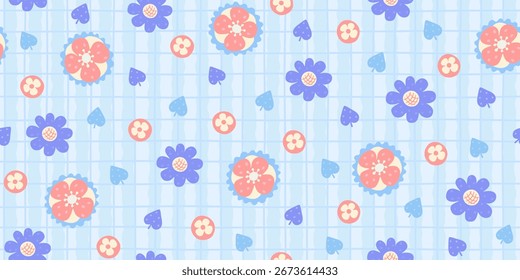 Seamless Doodle Floral Pattern on Blue Grid Background  
