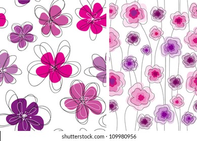 Seamless doodle floral pattern set.