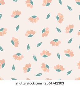 Seamless doodle floral pattern with sprouts and flower branches. Motifs scattered random. Spring or summer print for fabric, wrapping, textile, wallpaper, card, paper gift, phone case, stationery.