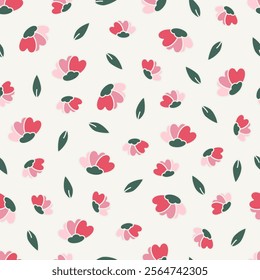 Seamless doodle floral pattern with sprouts and flower branches. Motifs scattered random. Spring or summer print for fabric, wrapping, textile, wallpaper, card, paper gift, phone case, stationery.