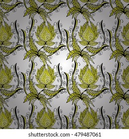 Seamless doodle floral pattern with yellow flowers on white background.