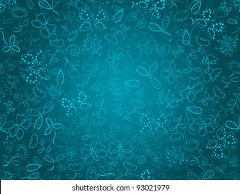 Seamless doodle floral texture. Background with flower and butterflies on blue backdrop. EPS8