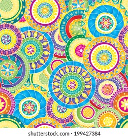 Seamless doodle flower background in vector with doodles, flowers and cucumbers. Circles ethnic floral pattern.