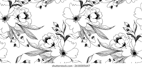 Seamless doodle flowers pattern. Hand draw line floral pattern design in vector