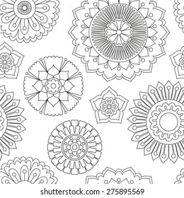 Seamless doodle flowers pattern. Hand drawn tribal concept. Boho and ethnic style mandala. Decorative art for birthday cards, wedding and baby shower invitations, scrapbooking. Vector illustration.