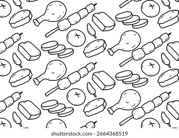 Padrão de comida sem costura doodle com desenhado à mão ilustrações de frango frito, satay, frito tofu comida indonésia