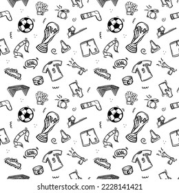 Seamless doodle football. Hand drawn style in outline or black and white