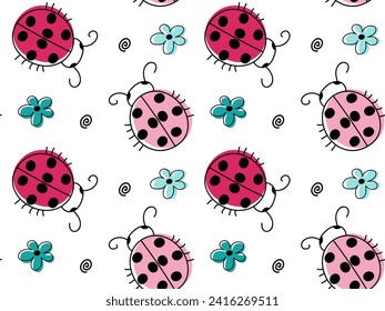 seamless doodle forest children's pattern with ladybugs