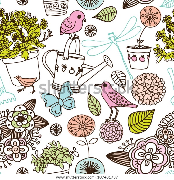 Seamless Doodle Garden Illustration Background Pattern Stock Vector ...