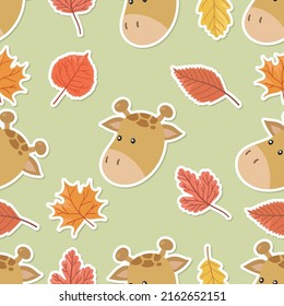 Seamless doodle giraffe and leaf sticker cartoon pattern