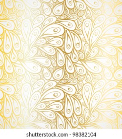 Seamless doodle golden peacock abstract peacock feathers pattern.