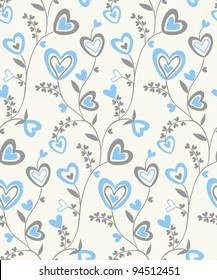 Seamless doodle grey, light-blue and light-beige hearts brunches pattern