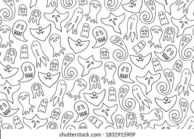 Seamless doodle Halloween pattern. Outline Ghosts isolated on white background. Hand drawn cute scary spirits. Vector apparition banner for spooky autumn holidays, fabric, wrapping paper, prints, web