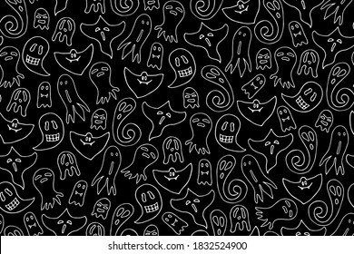 Seamless doodle Halloween pattern. Outline Ghosts isolated on black background. Hand drawn cute scary spirits. Vector apparition banner for spooky autumn holidays, chalk board, textile, prints, web
