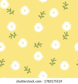 seamless doodle hand drawing daisy flower with leaf repeat pattern in yellow background, flat vector illustration design
