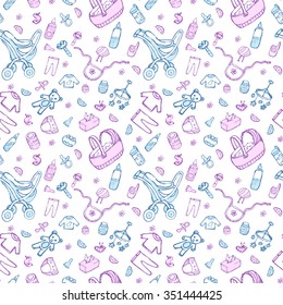 Seamless doodle hand drawn baby pattern. Vector illustration.