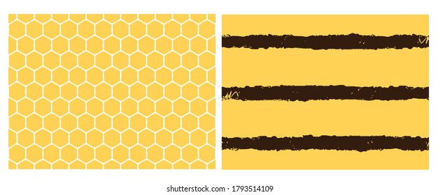 Seamless with doodle hand drawn bee stripe pattern and abstract beehive on yellow background vector. Cute print set, flat design.