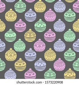 Seamless doodle hand drawn christmas ball pattern. Vector illustration for fabric.