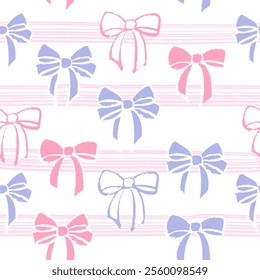 Seamless doodle hand drawn romantic bow knots background.  Allover ribbon bow knot stripe geo background. Valentine holiday for texture wrapping paper. 