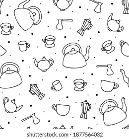 Seamless Doodle hand drawn teapot pattern. Outline Kettle, cup, moka, turka on white background. Cozy kitchen dishes for tea, coffee, drinks. Breakfast, five o'clock symbol. Vector Cafe illustration