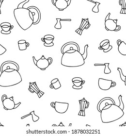 Seamless Doodle hand drawn teapot pattern. Outline Kettle, cup, moka, turka on white background. Cozy kitchen dishes for tea, coffee, drinks. Breakfast, five o'clock symbol. Vector Cafe illustration