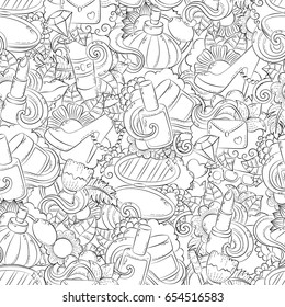 Seamless doodle hand drawn vector abstract background, texture, pattern, wallpaper, backdrop. Collection of beauty salon, cosmetics, make-up elements. Anti-stress coloring book page for adults