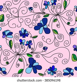 Seamless doodle hand-drawn pattern. Blue flowers and swirly twigs on rose background. Springtime and summertime backgrounds, wallpapers, coloring books, wrapping paper prints, textile prints. 