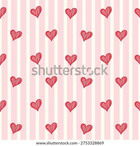 Seamless doodle heart pattern hand drawn red sketch hearts on pastel pink and soft creamy striped background