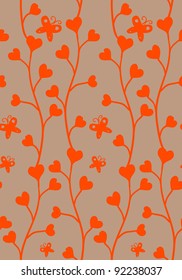 Seamless doodle hearts brunches and butterflies pattern