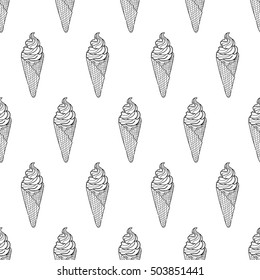 Seamless doodle ice cream cone pattern, hand-drawn monochrome background, ice-cream vector, ice cream black and white background, EPS 8