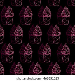 Seamless doodle ice cream cup pattern, hand-drawn dark wallpaper, ice-cream vector, ice cream background, EPS 8
