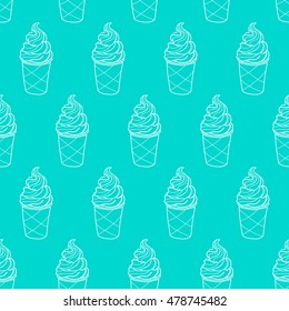 Seamless doodle ice cream cup pattern, hand-drawn turquoise background, ice-cream vector background, EPS 8