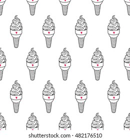 Seamless doodle ice cream cup pattern, hand-drawn dessert background, monochrome ice-cream vector with red accent, for cards, invitations, food design, EPS 8